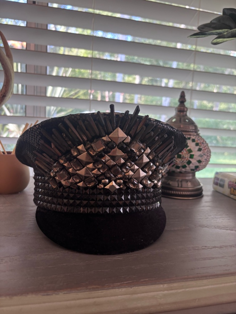 Embellished Black Velvet Captains Hat, Love Market